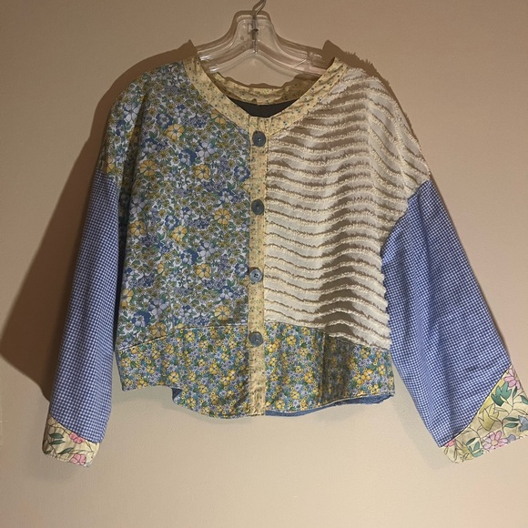 Very unique, handmade, floral, checkered quilted textured button up. - Picture 11 of 12